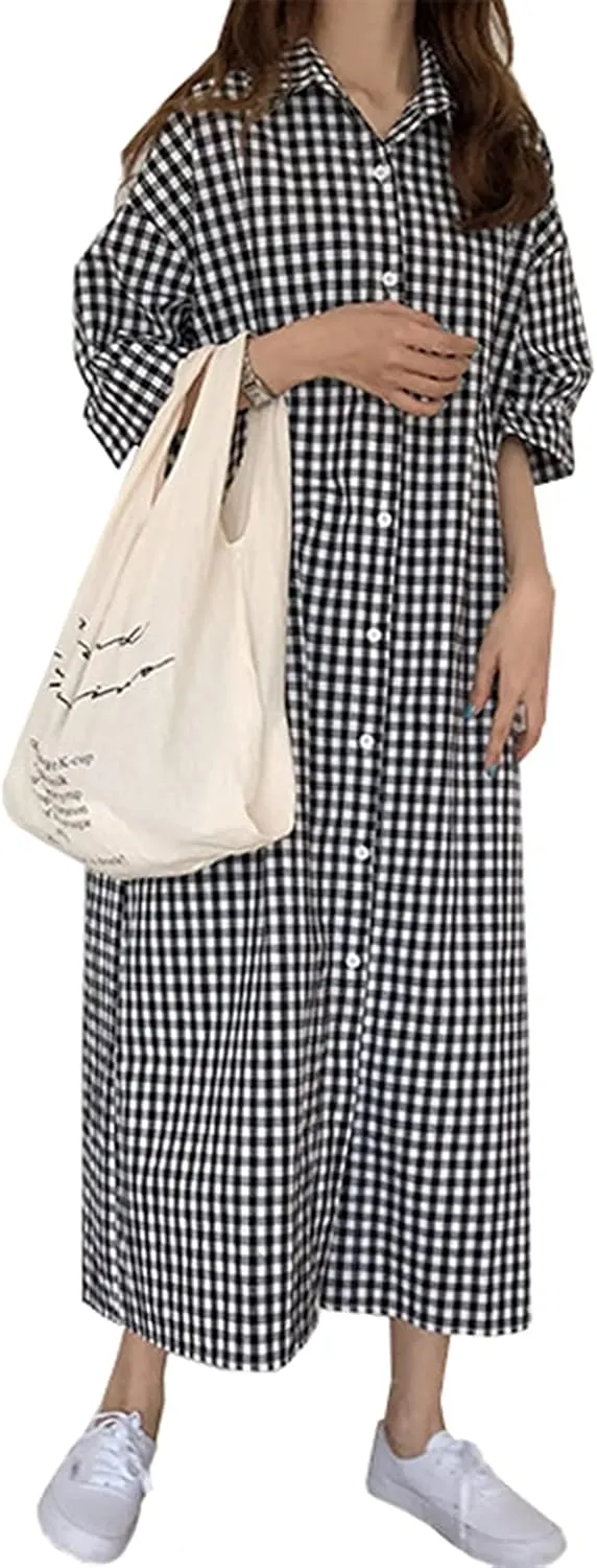 Hotmiss Womens Chic Button Down Rolled-Up Sleeve Long Cotton Blouse Shirt Dress Side Slit Maxi Dresses