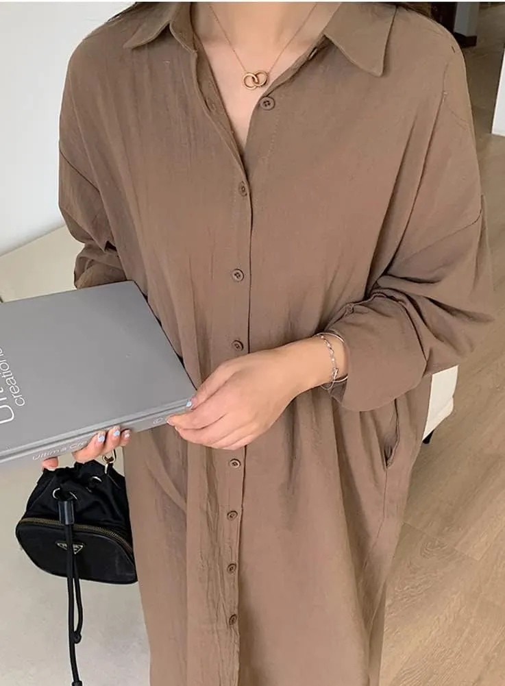 Hotmiss Womens Chic Button Down Rolled-Up Sleeve Long Cotton Blouse Shirt Dress Side Slit Maxi Dresses