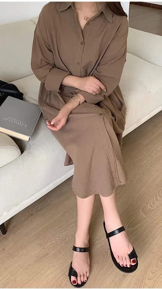 Hotmiss Womens Chic Button Down Rolled-Up Sleeve Long Cotton Blouse Shirt Dress Side Slit Maxi Dresses