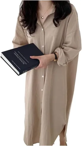 Hotmiss Womens Chic Button Down Rolled-Up Sleeve Long Cotton Blouse Shirt Dress Side Slit Maxi Dresses