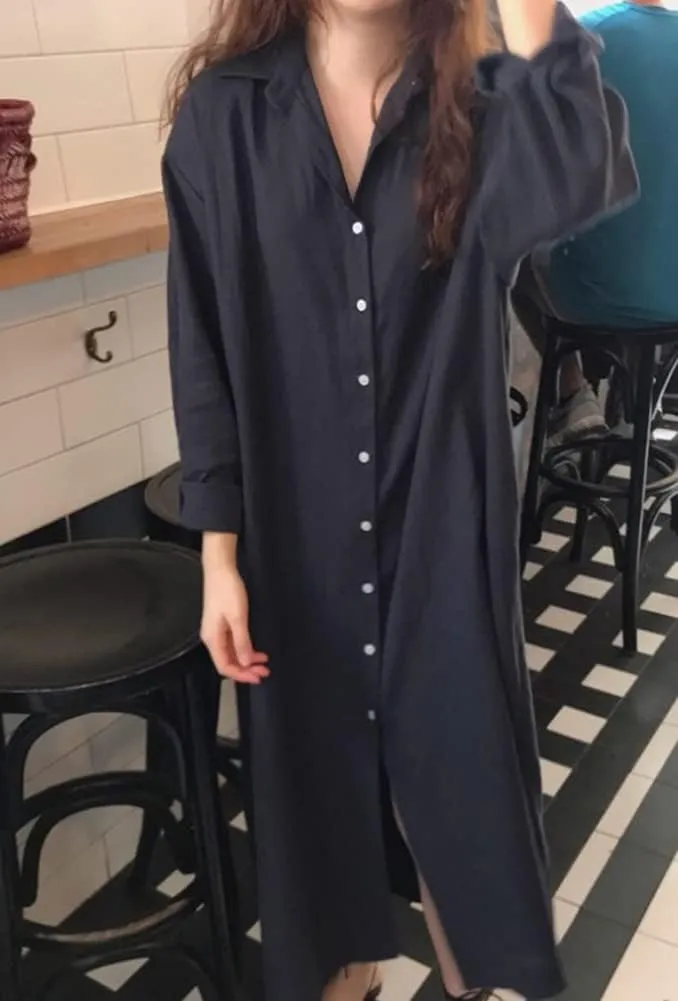 Hotmiss Womens Chic Button Down Rolled-Up Sleeve Long Cotton Blouse Shirt Dress Side Slit Maxi Dresses