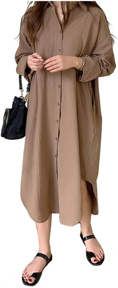 Hotmiss Womens Chic Button Down Rolled-Up Sleeve Long Cotton Blouse Shirt Dress Side Slit Maxi Dresses