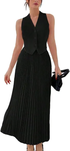 KEOMUD Women Summer Suiting 2 Piece Outfits Button V Neck Sleeveless Suit Vest and High Waist Maxi Pleated Skirt Set