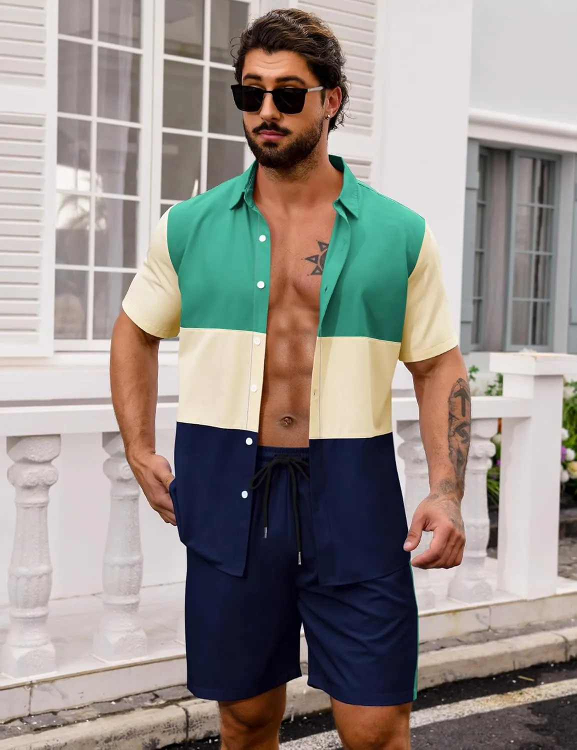 LecGee Mens Short Set 2 Piece Outfits Button Down Color Block Shirts And Shorts Set Summer Tracksuits