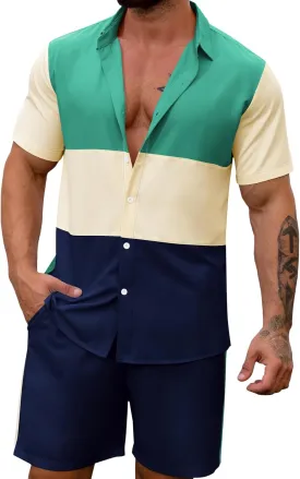 LecGee Mens Short Set 2 Piece Outfits Button Down Color Block Shirts And Shorts Set Summer Tracksuits