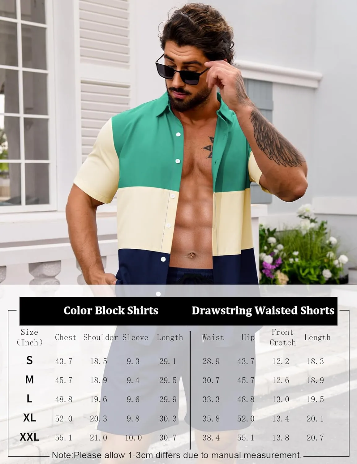LecGee Mens Short Set 2 Piece Outfits Button Down Color Block Shirts And Shorts Set Summer Tracksuits