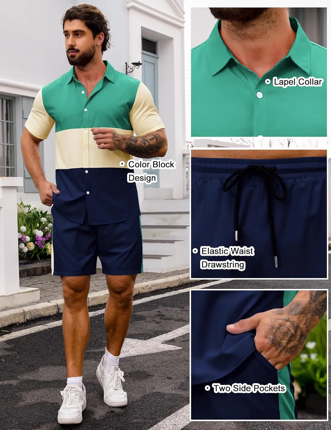 LecGee Mens Short Set 2 Piece Outfits Button Down Color Block Shirts And Shorts Set Summer Tracksuits