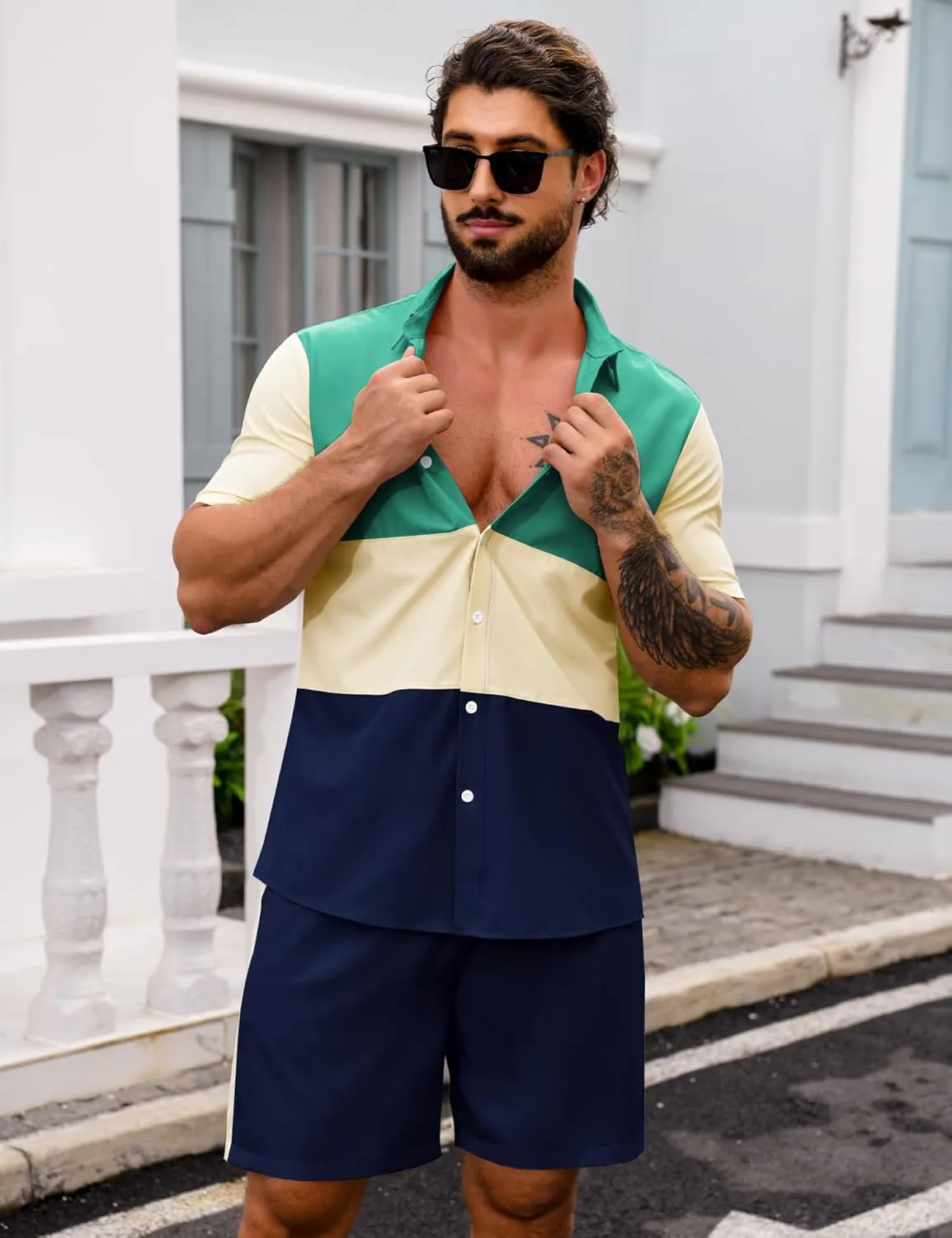 LecGee Mens Short Set 2 Piece Outfits Button Down Color Block Shirts And Shorts Set Summer Tracksuits