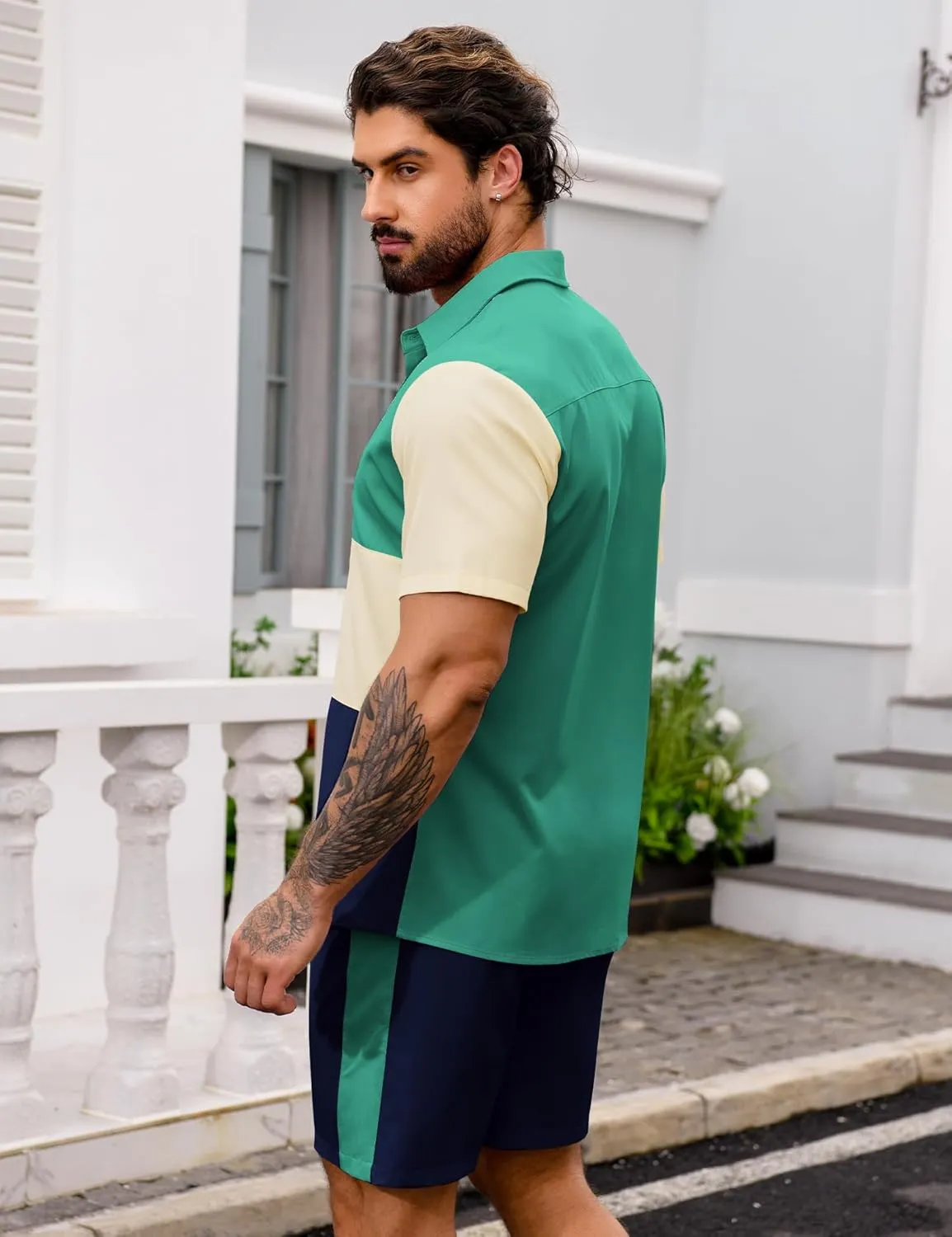 LecGee Mens Short Set 2 Piece Outfits Button Down Color Block Shirts And Shorts Set Summer Tracksuits