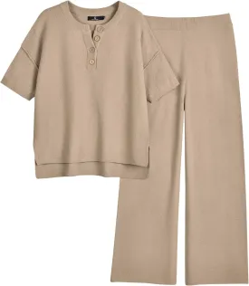 LILLUSORY Lounge Sets for Women 2 Piece Casual Outfits Matching Sets Short Sleeve Cozy knit Tops and Elastic Waisted Pants