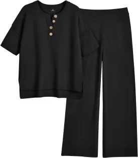 LILLUSORY Lounge Sets for Women 2 Piece Casual Outfits Matching Sets Short Sleeve Cozy knit Tops and Elastic Waisted Pants