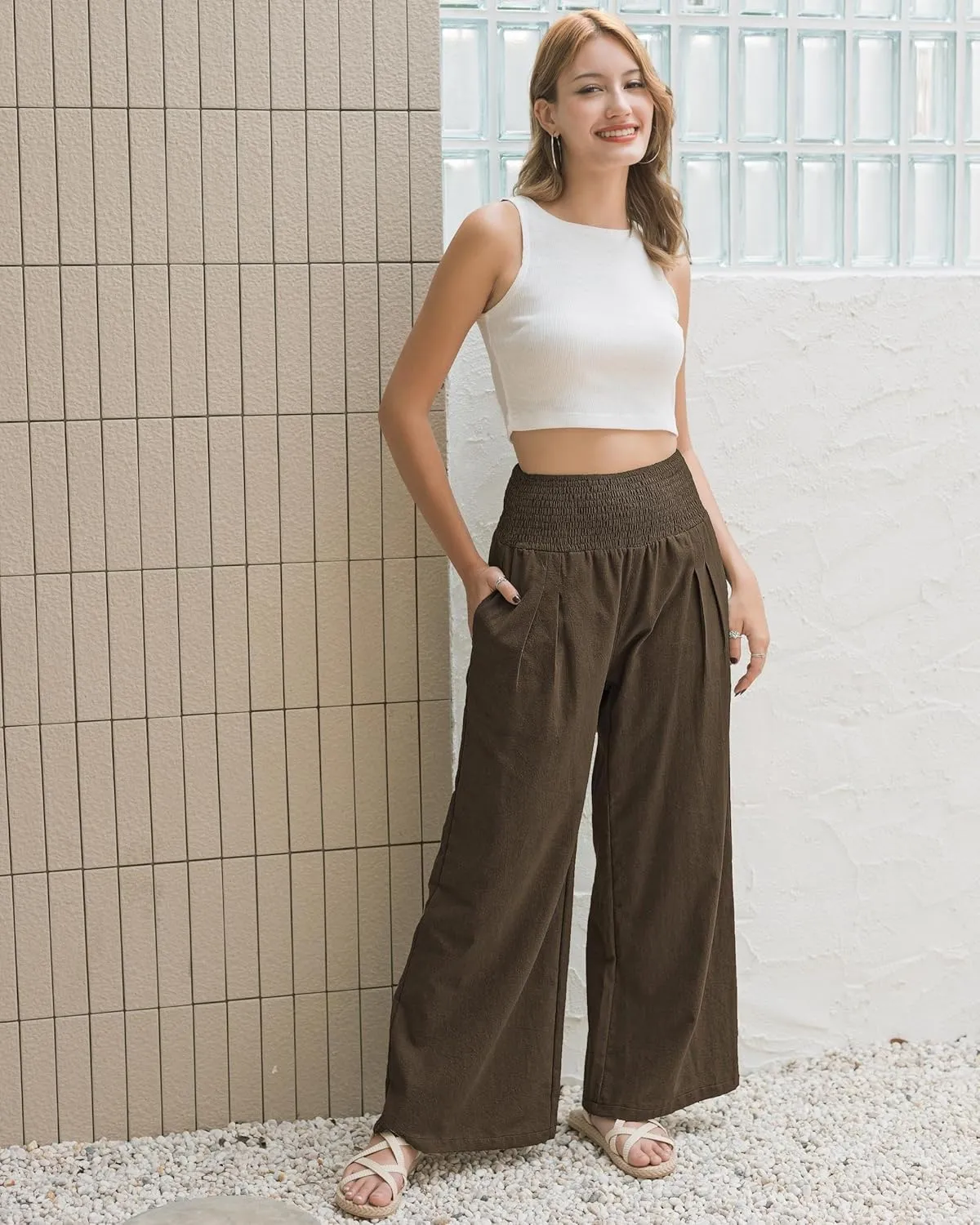 LOFBAZ Women Summer Flowy Cotton Linen Palazzo Wide Leg Pants Beach High Waisted Trousers Boho Long Lounge Pant with Pockets
