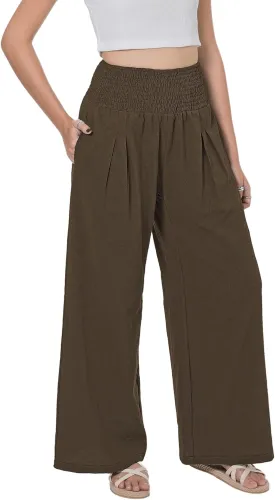 LOFBAZ Women Summer Flowy Cotton Linen Palazzo Wide Leg Pants Beach High Waisted Trousers Boho Long Lounge Pant with Pockets