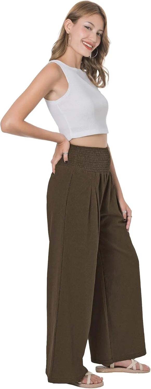 LOFBAZ Women Summer Flowy Cotton Linen Palazzo Wide Leg Pants Beach High Waisted Trousers Boho Long Lounge Pant with Pockets