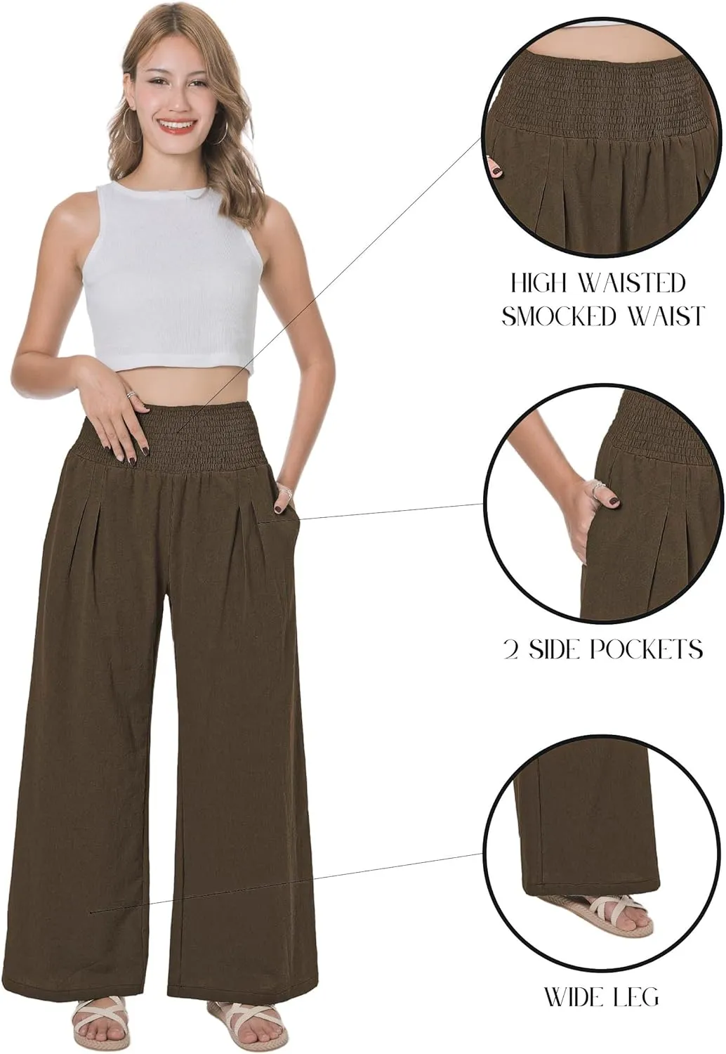 LOFBAZ Women Summer Flowy Cotton Linen Palazzo Wide Leg Pants Beach High Waisted Trousers Boho Long Lounge Pant with Pockets