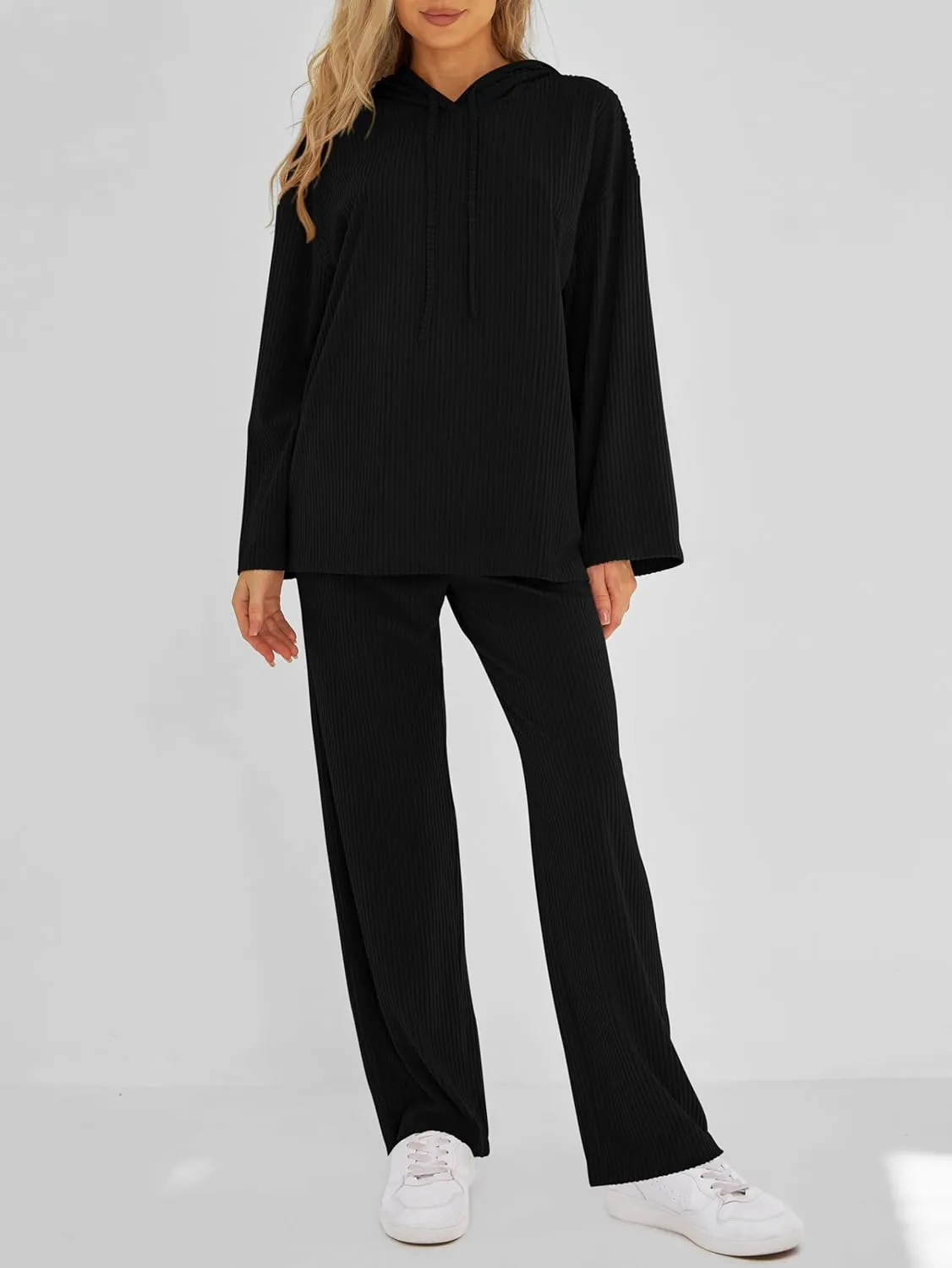 MASCOMODA Fall Two Piece Outfits for Women Ribbed Knit Lounge Set Long Sleeve Hoodie Pullover Tops Wide Leg Pants Tracksuit