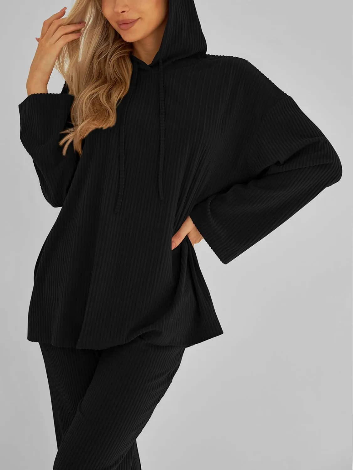 MASCOMODA Fall Two Piece Outfits for Women Ribbed Knit Lounge Set Long Sleeve Hoodie Pullover Tops Wide Leg Pants Tracksuit