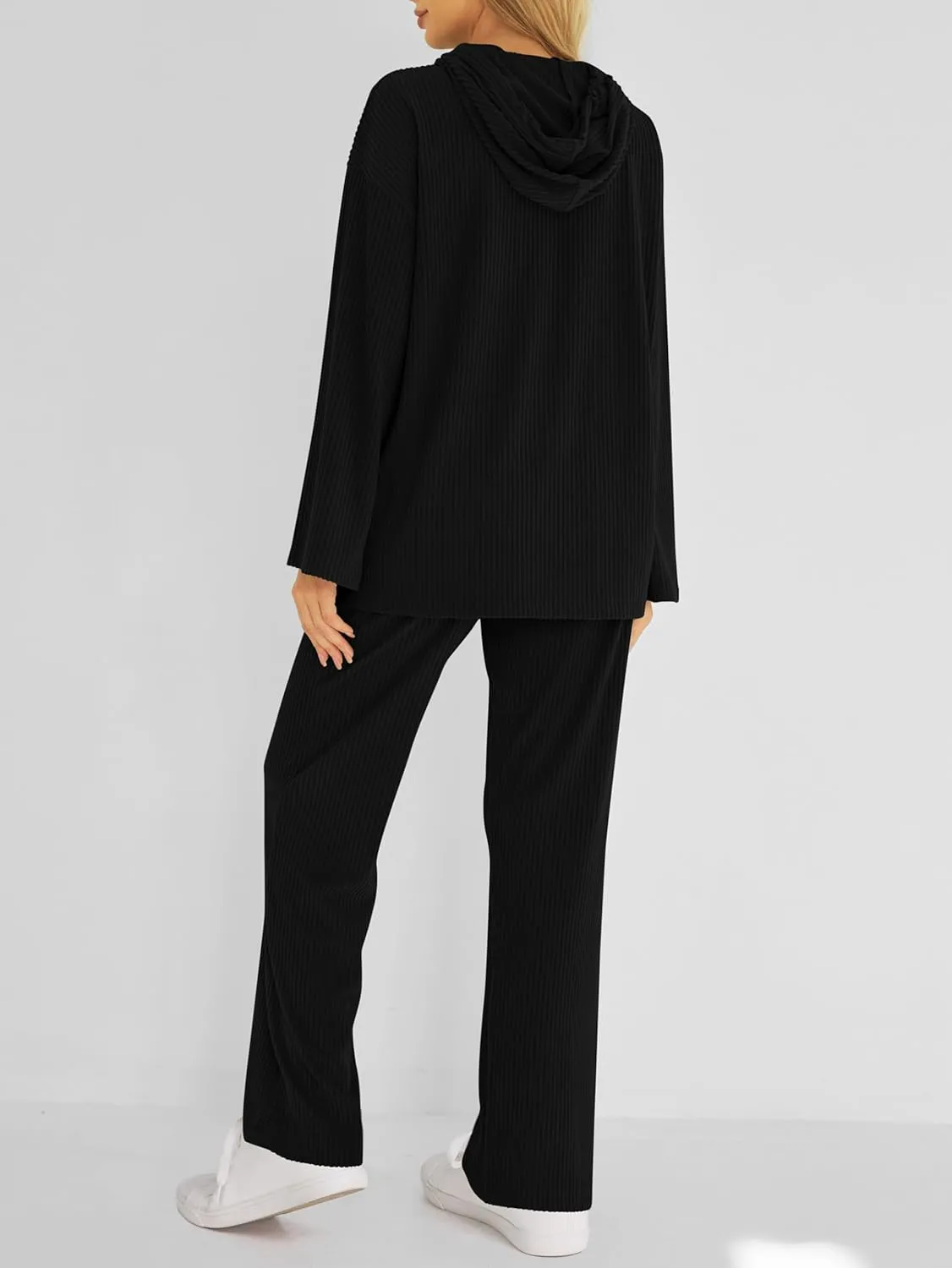 MASCOMODA Fall Two Piece Outfits for Women Ribbed Knit Lounge Set Long Sleeve Hoodie Pullover Tops Wide Leg Pants Tracksuit