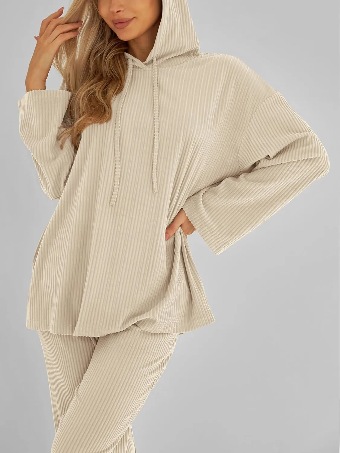 MASCOMODA Fall Two Piece Outfits for Women Ribbed Knit Lounge Set Long Sleeve Hoodie Pullover Tops Wide Leg Pants Tracksuit