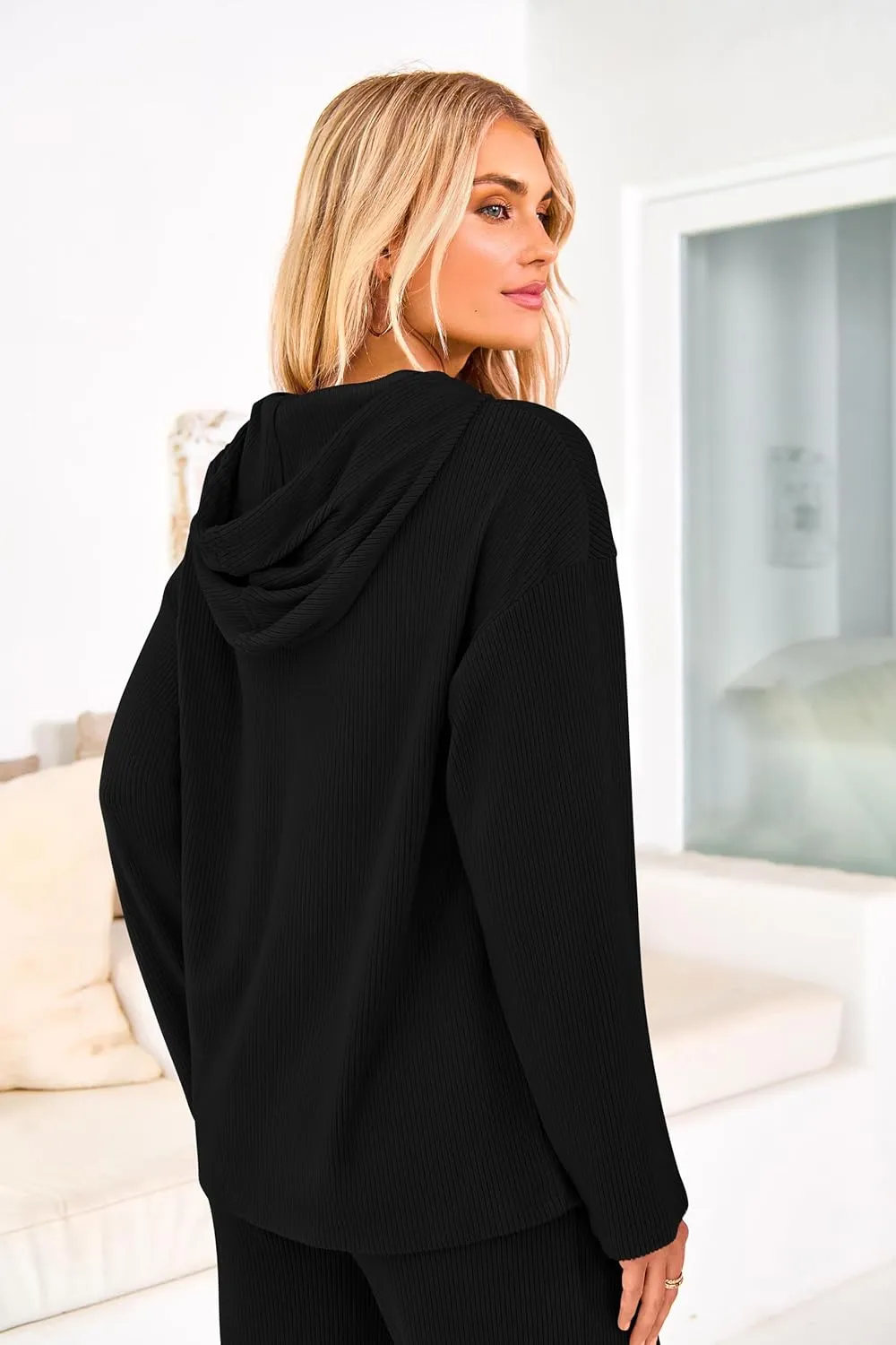 MASCOMODA Fall Two Piece Outfits for Women Ribbed Knit Lounge Set Long Sleeve Hoodie Pullover Tops Wide Leg Pants Tracksuit
