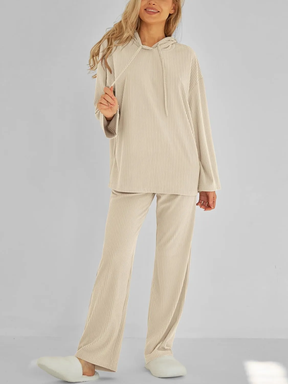 MASCOMODA Fall Two Piece Outfits for Women Ribbed Knit Lounge Set Long Sleeve Hoodie Pullover Tops Wide Leg Pants Tracksuit