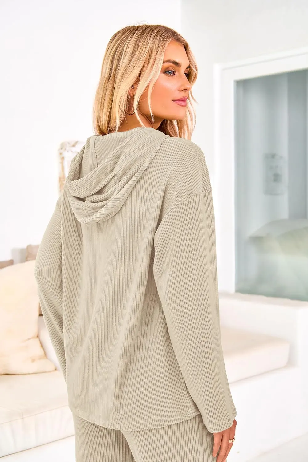 MASCOMODA Fall Two Piece Outfits for Women Ribbed Knit Lounge Set Long Sleeve Hoodie Pullover Tops Wide Leg Pants Tracksuit