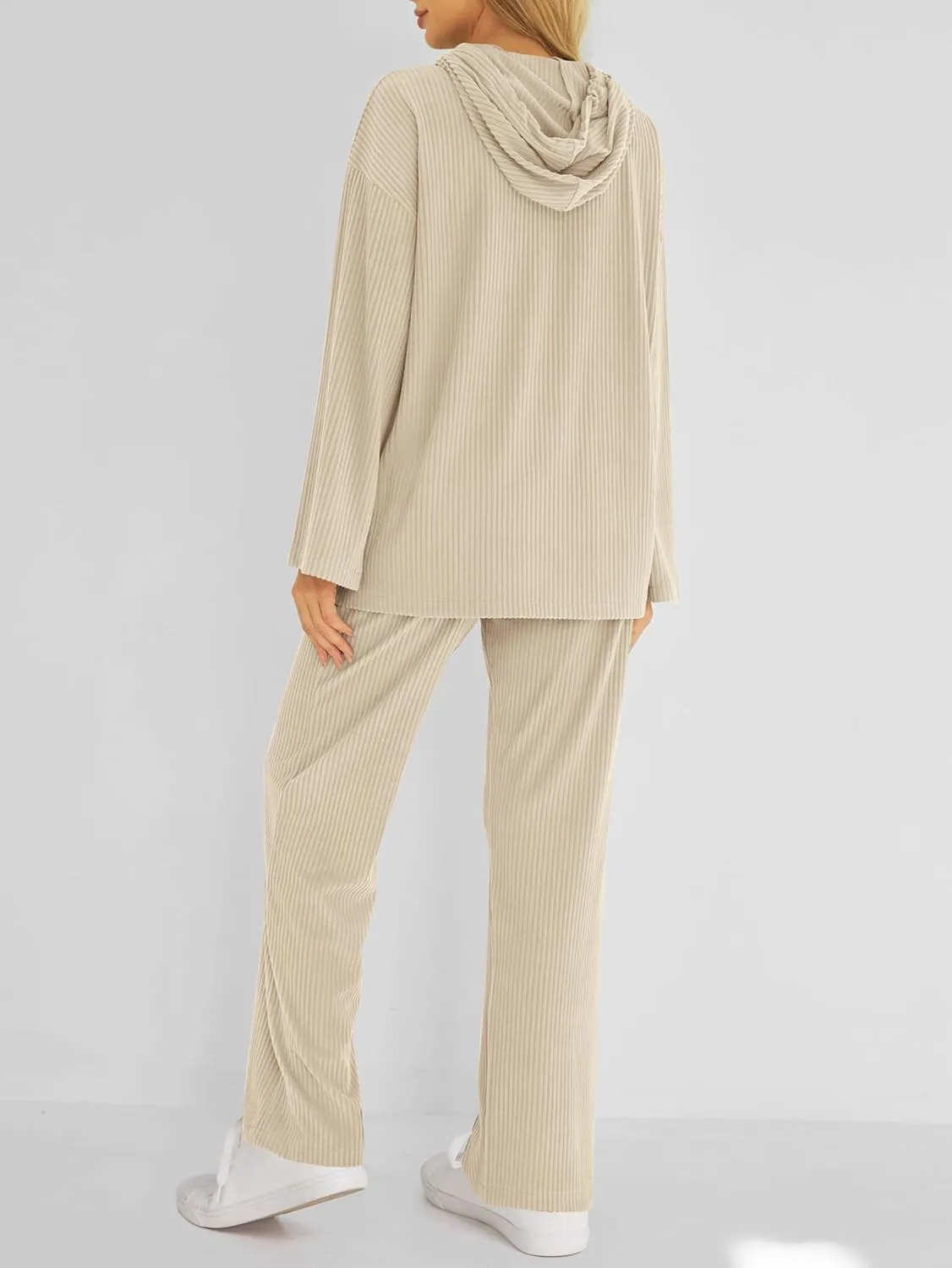 MASCOMODA Fall Two Piece Outfits for Women Ribbed Knit Lounge Set Long Sleeve Hoodie Pullover Tops Wide Leg Pants Tracksuit