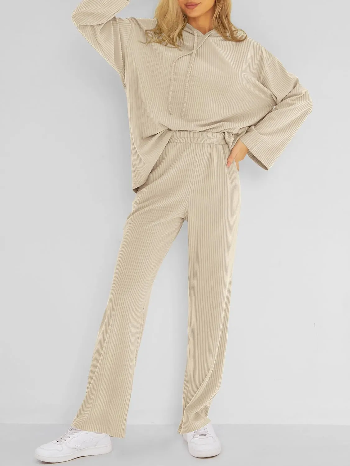 MASCOMODA Fall Two Piece Outfits for Women Ribbed Knit Lounge Set Long Sleeve Hoodie Pullover Tops Wide Leg Pants Tracksuit