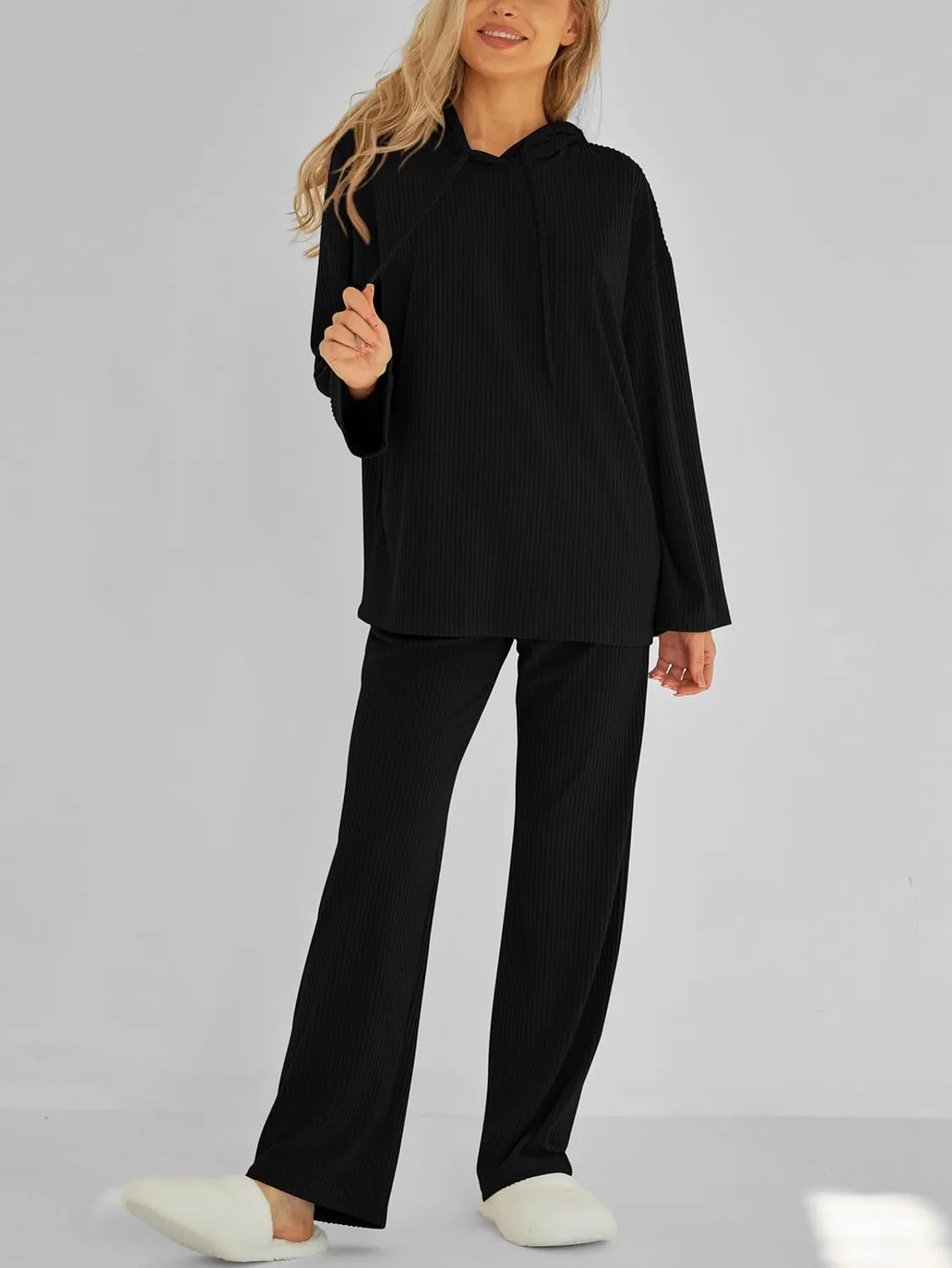 MASCOMODA Fall Two Piece Outfits for Women Ribbed Knit Lounge Set Long Sleeve Hoodie Pullover Tops Wide Leg Pants Tracksuit