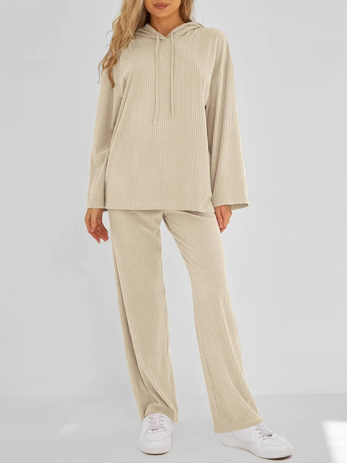 MASCOMODA Fall Two Piece Outfits for Women Ribbed Knit Lounge Set Long Sleeve Hoodie Pullover Tops Wide Leg Pants Tracksuit