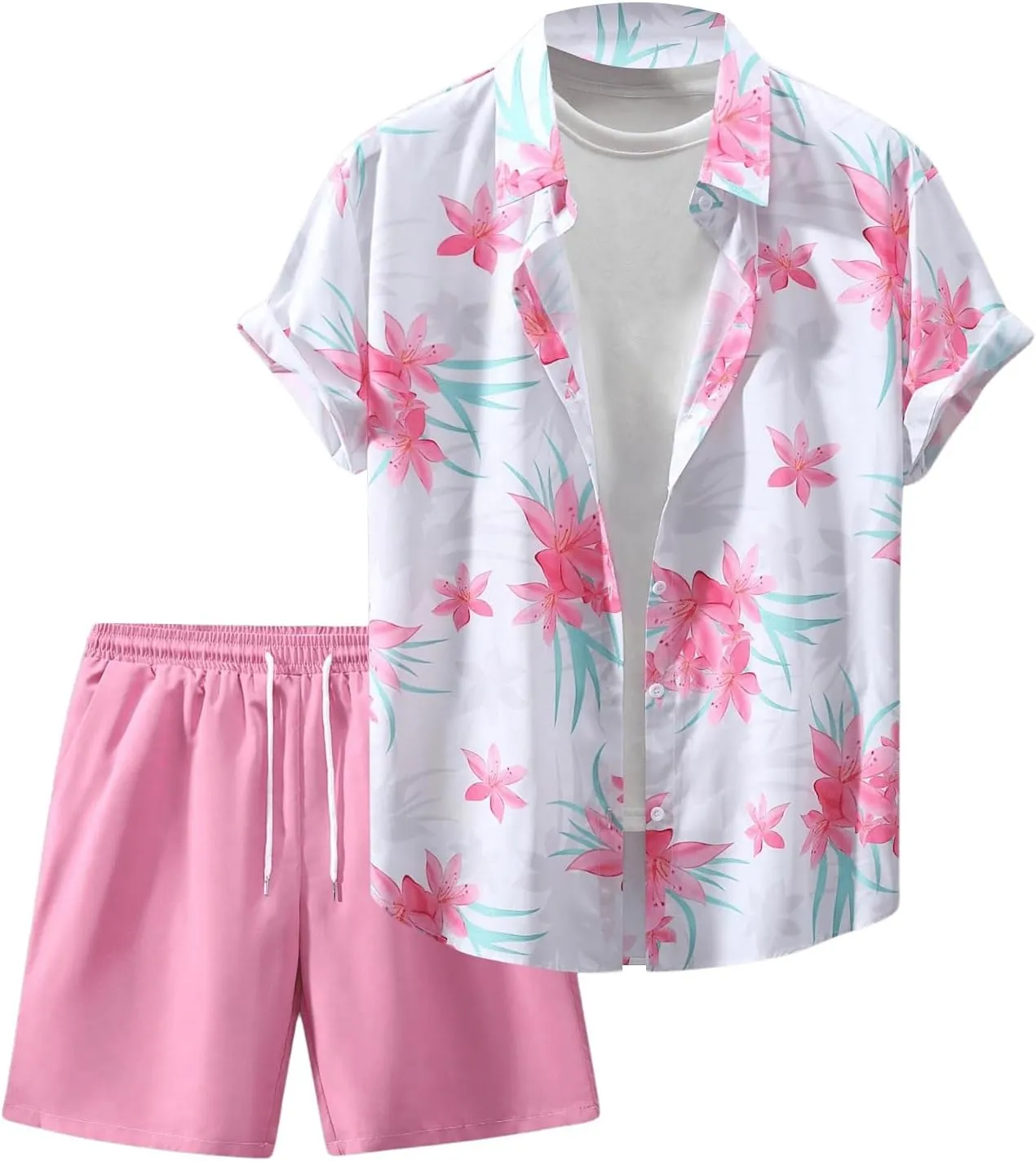 Men's Plus Size 2 Pieces Outfit Floral Print Short Sleeve Button Down Shirt and Shorts Set