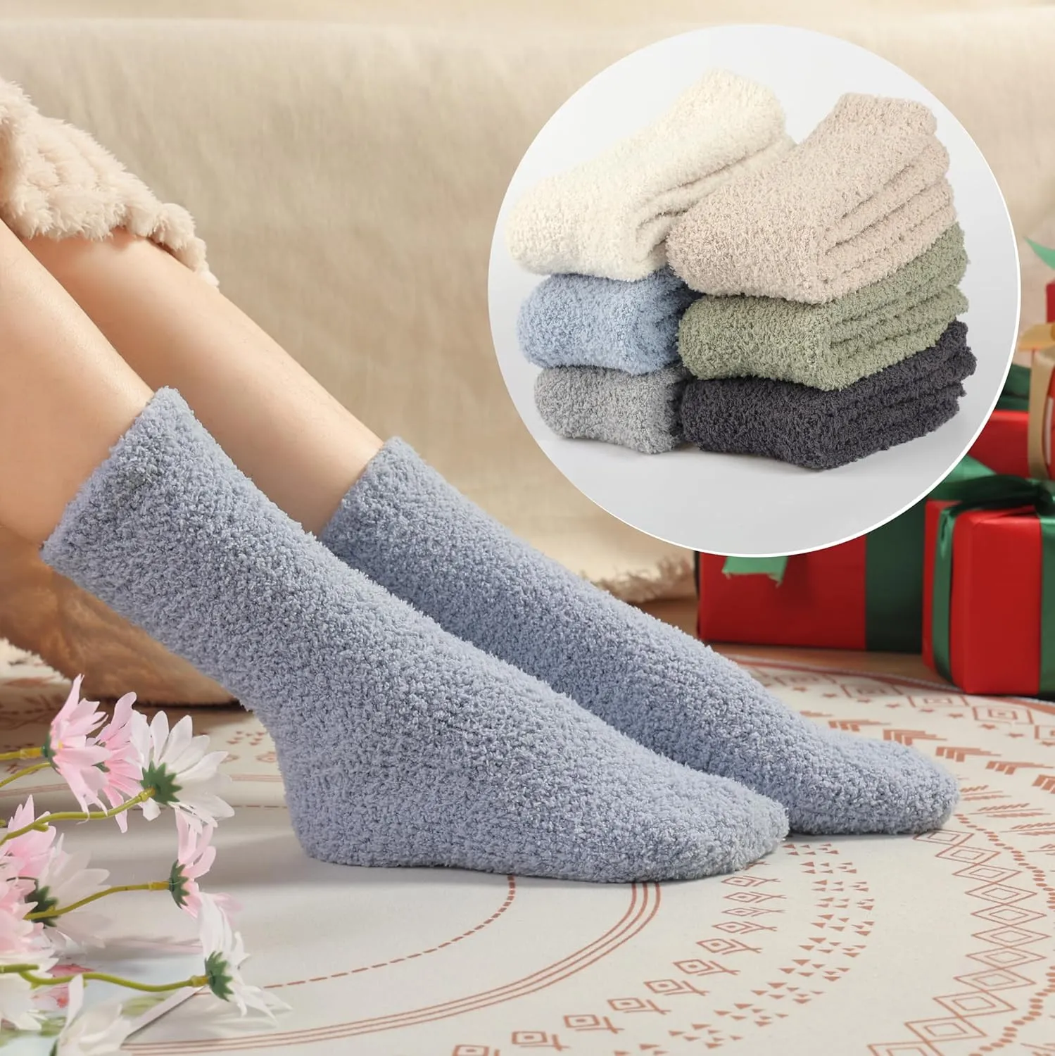 Plush Slipper Socks Women - Colorful Warm Fuzzy Crew Socks Cozy Soft for Winter Indoor