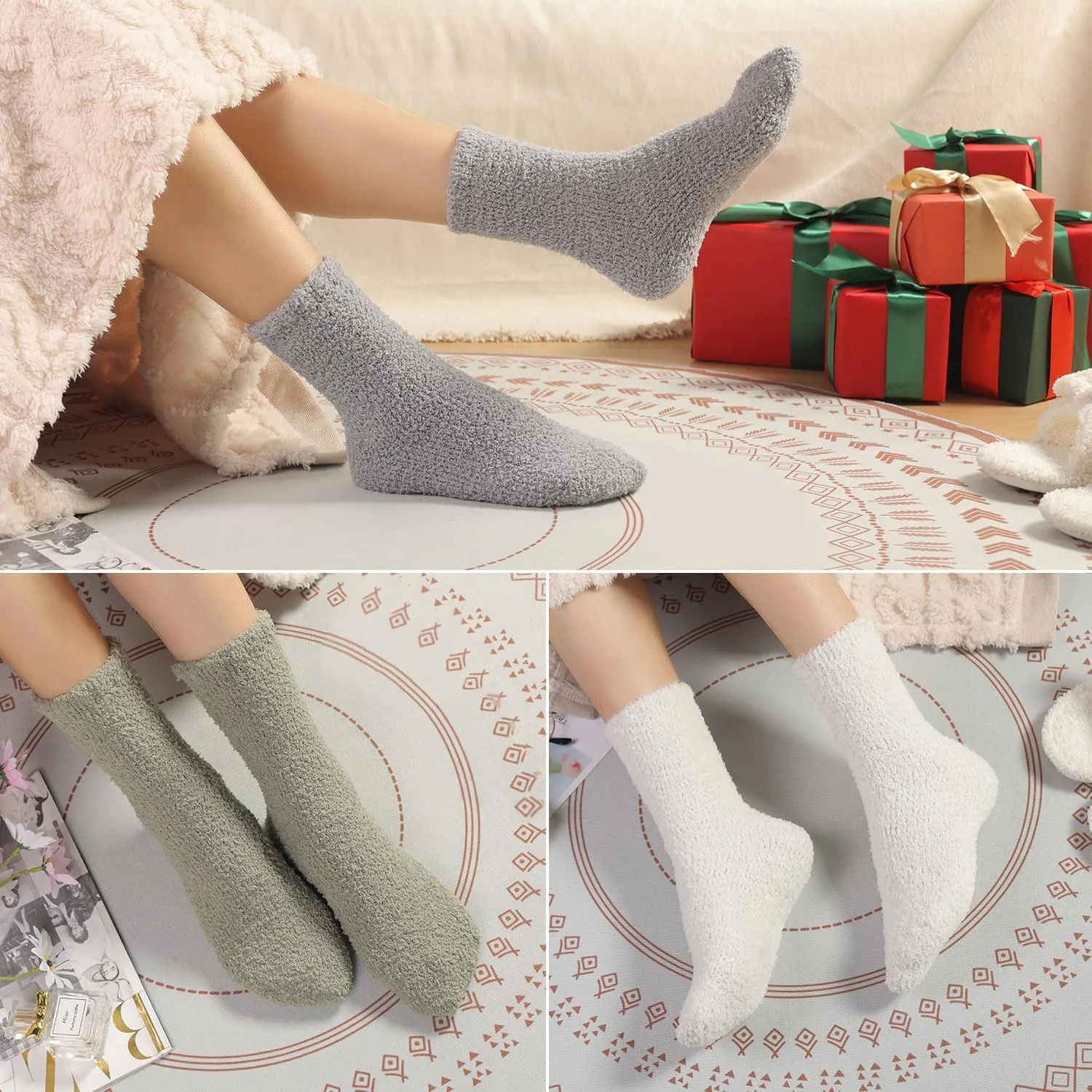 Plush Slipper Socks Women - Colorful Warm Fuzzy Crew Socks Cozy Soft for Winter Indoor