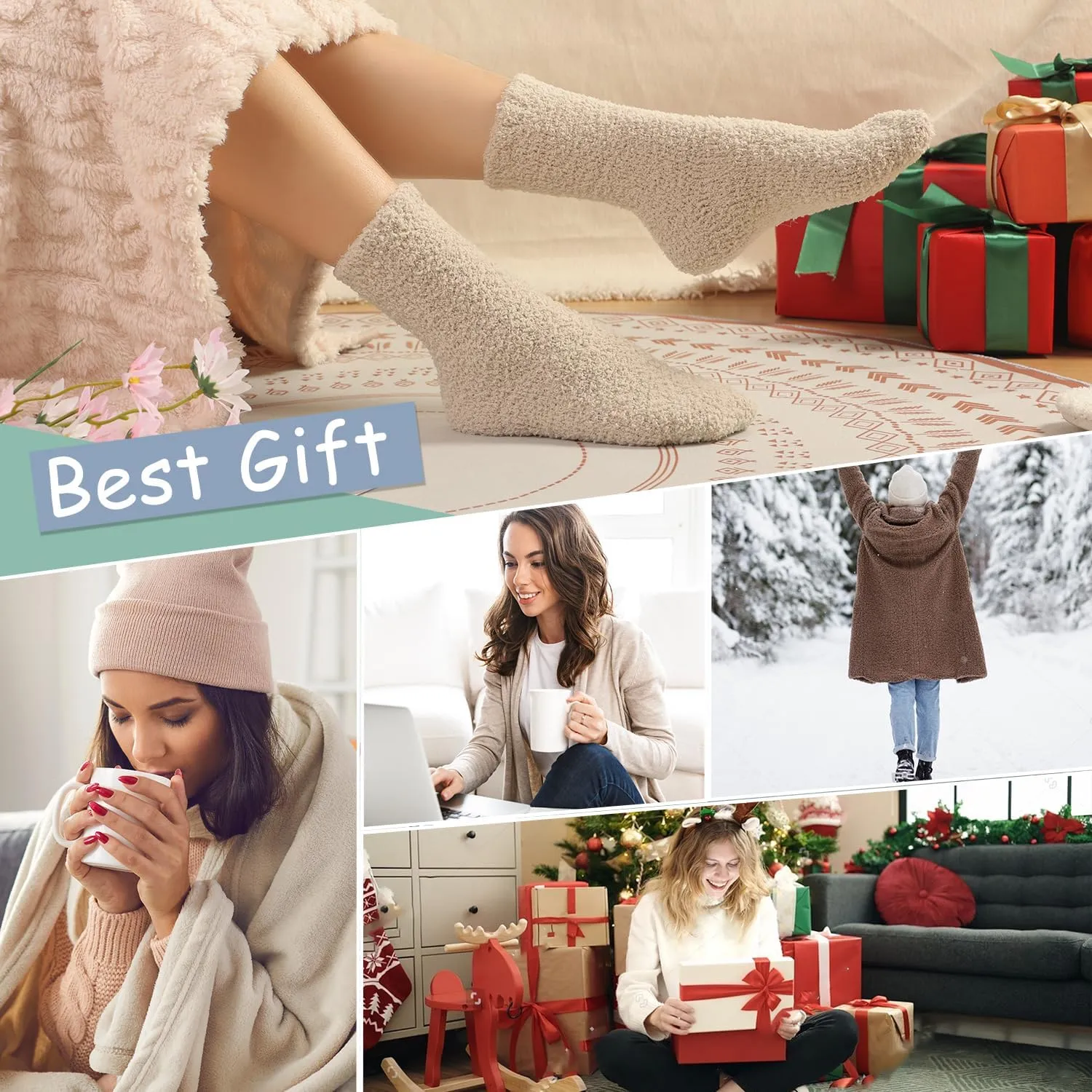 Plush Slipper Socks Women - Colorful Warm Fuzzy Crew Socks Cozy Soft for Winter Indoor