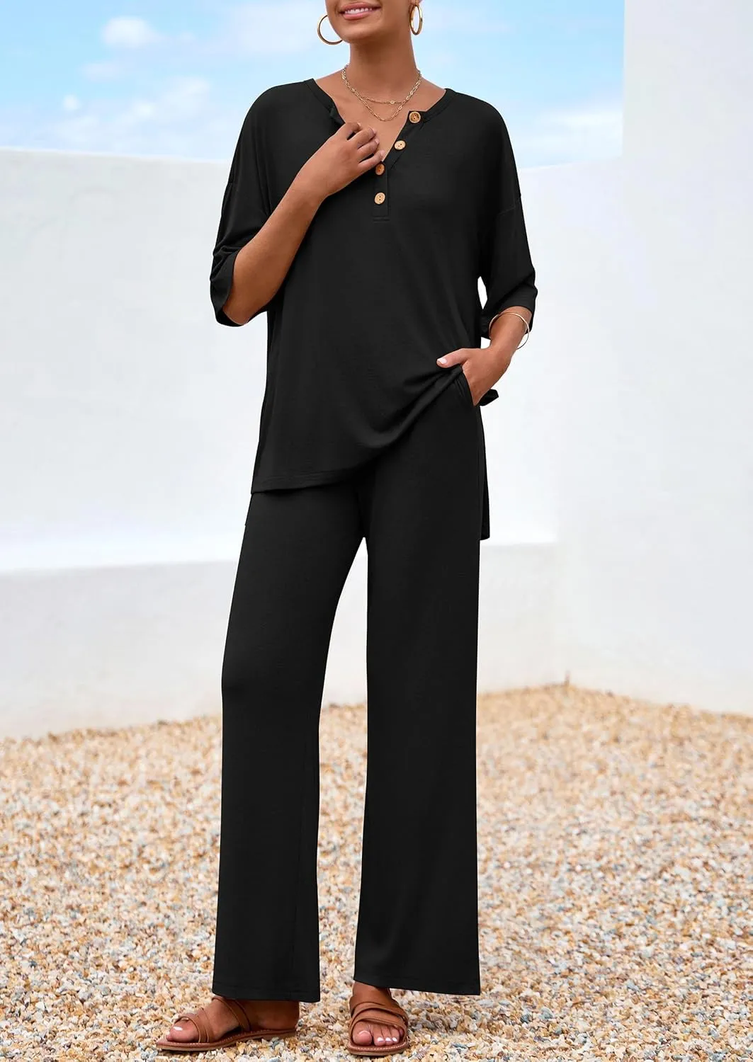 PRETTYGARDEN Women's 2 Piece Outfits 2025 Summer Casual V Neck Short Sleeve Tops Wide Leg Pants Matching Lounge Sets