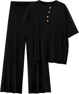 PRETTYGARDEN Women's 2 Piece Outfits 2025 Summer Casual V Neck Short Sleeve Tops Wide Leg Pants Matching Lounge Sets