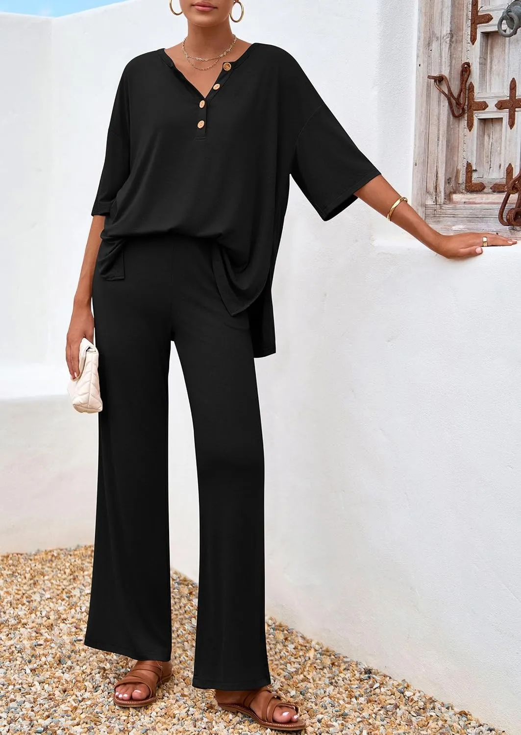 PRETTYGARDEN Women's 2 Piece Outfits 2025 Summer Casual V Neck Short Sleeve Tops Wide Leg Pants Matching Lounge Sets