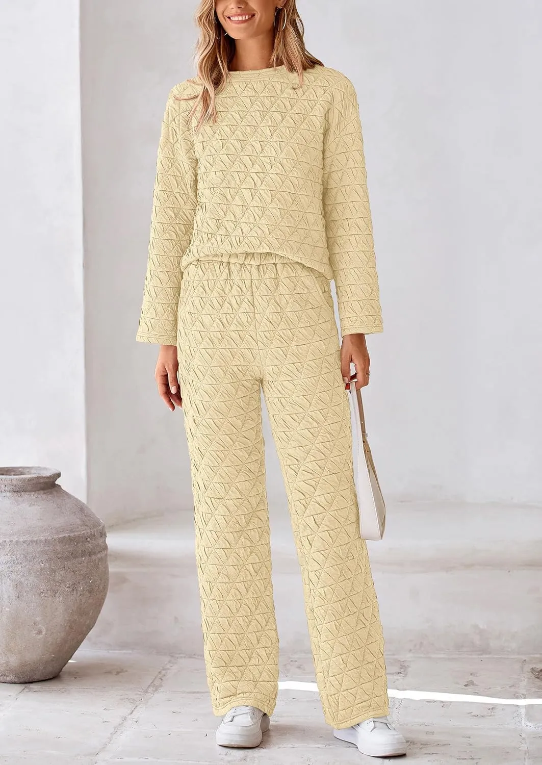 PRETTYGARDEN Women's 2 Piece Outfits Fall Fashion Clothes Quilted Long Sleeve Tops Wide Leg Pants Matching Lounge Sets