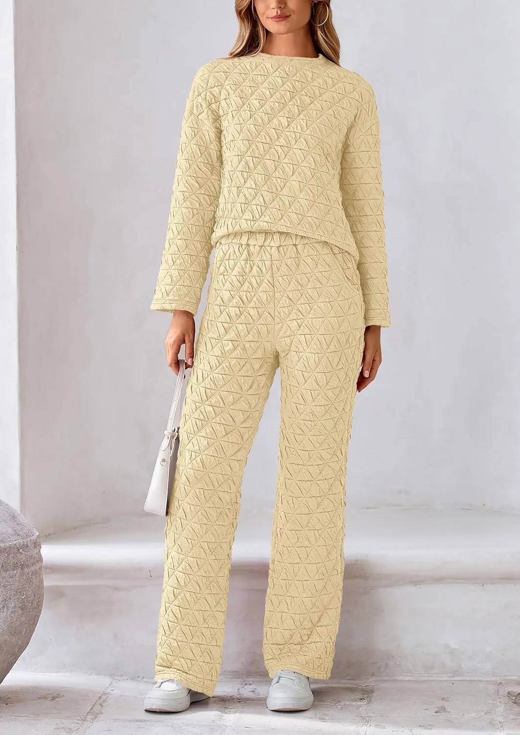 PRETTYGARDEN Women's 2 Piece Outfits Fall Fashion Clothes Quilted Long Sleeve Tops Wide Leg Pants Matching Lounge Sets