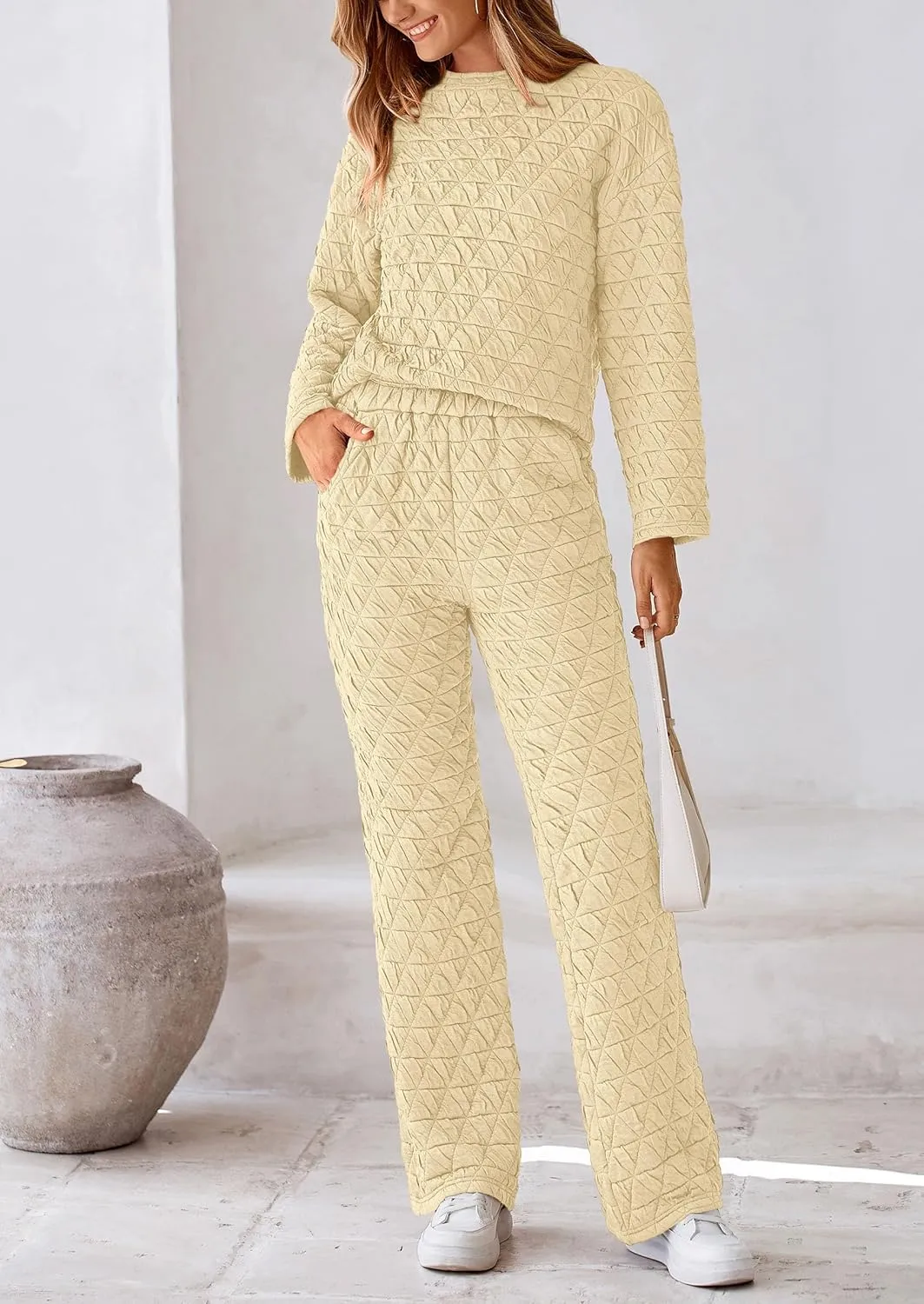 PRETTYGARDEN Women's 2 Piece Outfits Fall Fashion Clothes Quilted Long Sleeve Tops Wide Leg Pants Matching Lounge Sets