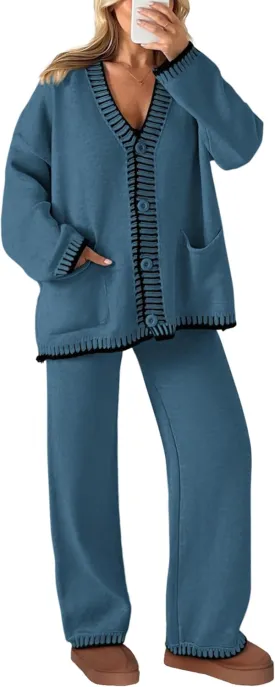 PRETTYGARDEN Women's 2 Piece Outfits Knit Matching Lounge Sets Long Sleeve V Neck Cardigan Sweaters Wide Leg Pants Tracksuits