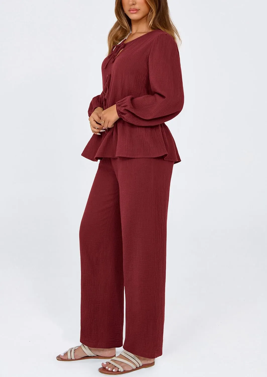 PRETTYGARDEN Womens 2025 Two Piece Outfits Tie Front Long Sleeve Top Wide Leg Pant Lounge Sets Cute Matching Loungewear