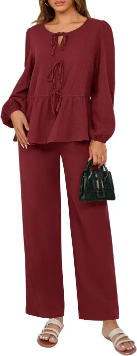 PRETTYGARDEN Womens 2025 Two Piece Outfits Tie Front Long Sleeve Top Wide Leg Pant Lounge Sets Cute Matching Loungewear