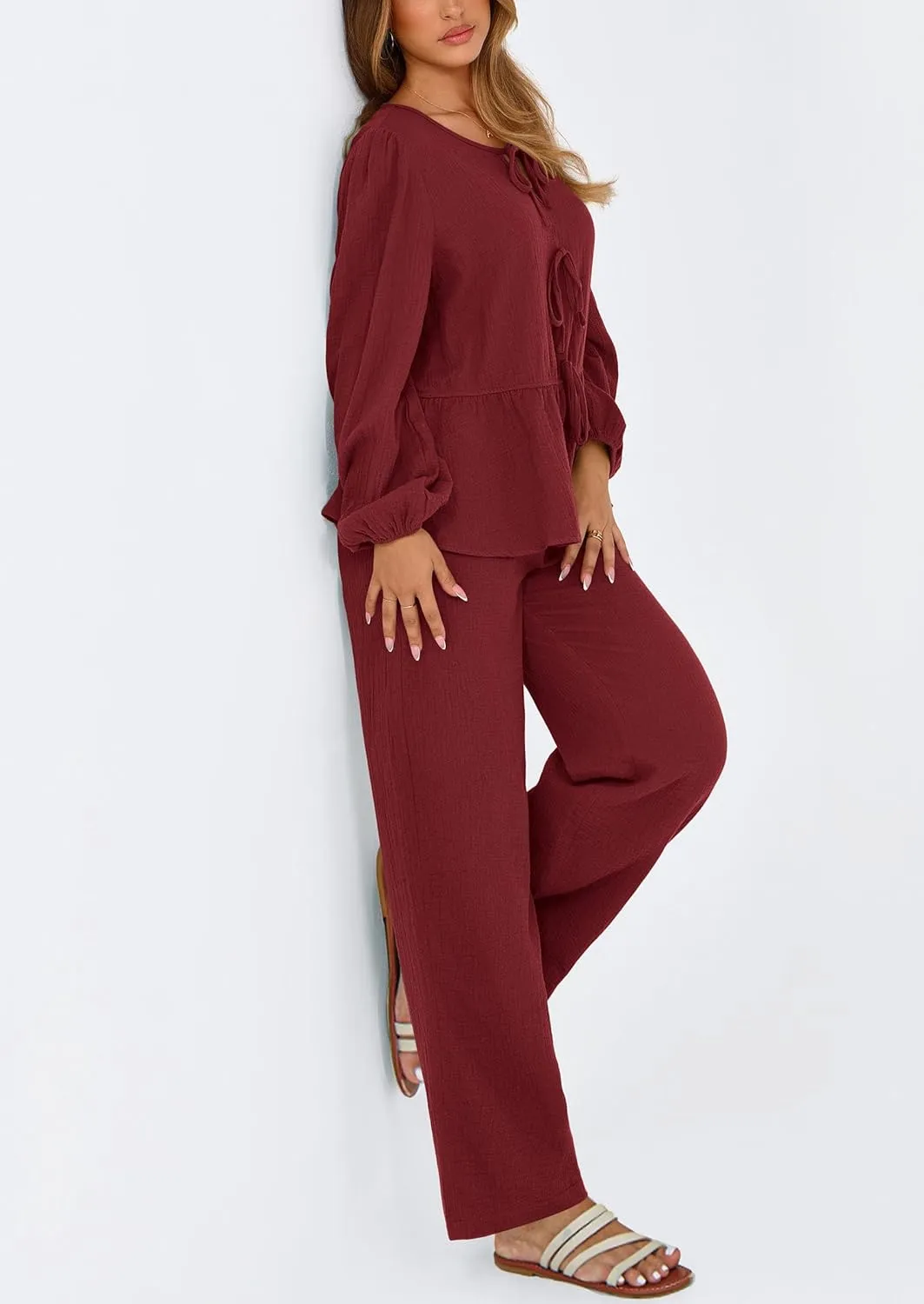 PRETTYGARDEN Womens 2025 Two Piece Outfits Tie Front Long Sleeve Top Wide Leg Pant Lounge Sets Cute Matching Loungewear