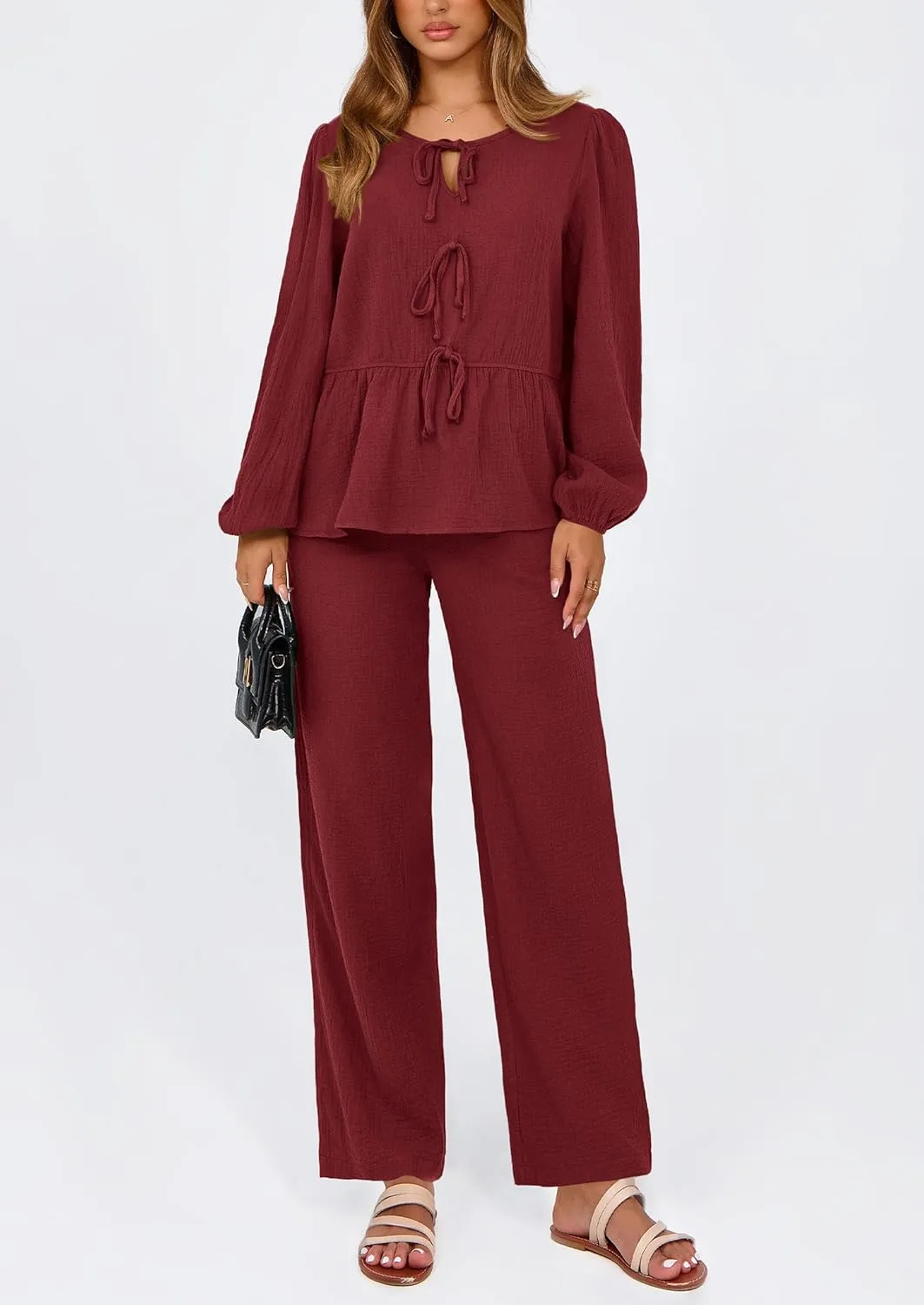 PRETTYGARDEN Womens 2025 Two Piece Outfits Tie Front Long Sleeve Top Wide Leg Pant Lounge Sets Cute Matching Loungewear