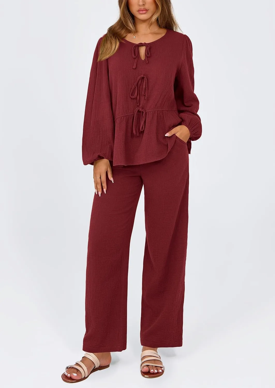 PRETTYGARDEN Womens 2025 Two Piece Outfits Tie Front Long Sleeve Top Wide Leg Pant Lounge Sets Cute Matching Loungewear