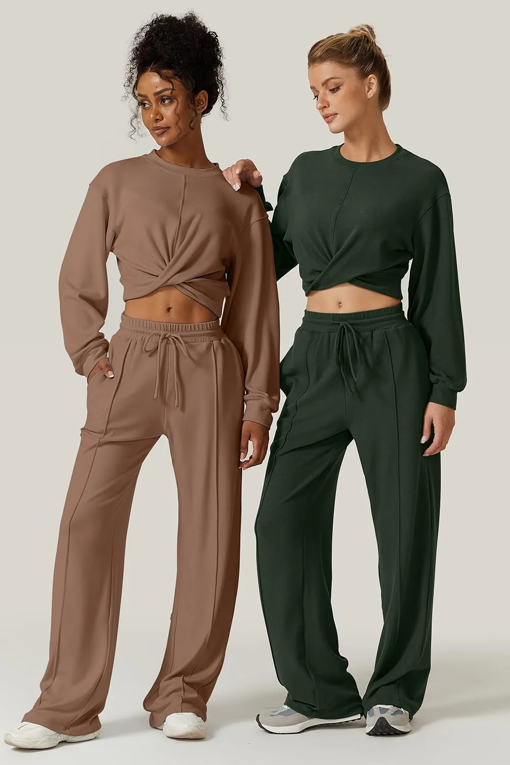 QINSEN Women 2 Piece Outfits Sweatsuit Set Twist Front Cropped Sweatshirt Wide Leg Sweatpant Lounge Set Tracksuit