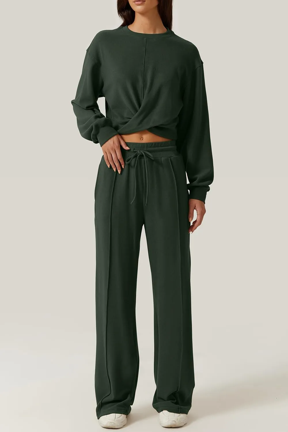 QINSEN Women 2 Piece Outfits Sweatsuit Set Twist Front Cropped Sweatshirt Wide Leg Sweatpant Lounge Set Tracksuit