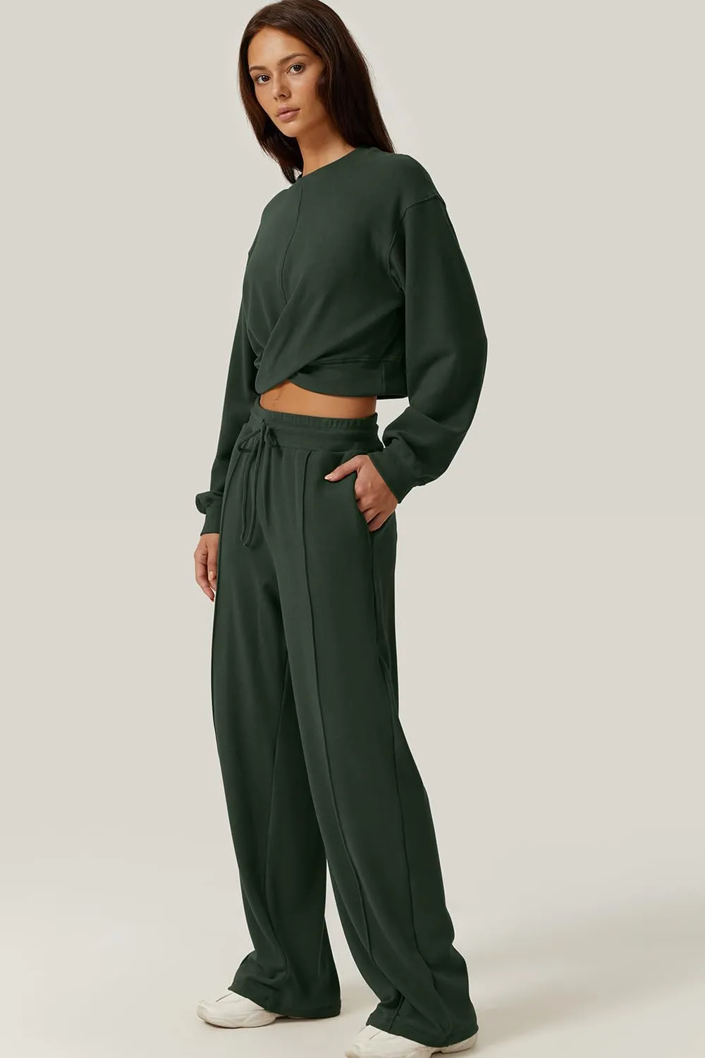 QINSEN Women 2 Piece Outfits Sweatsuit Set Twist Front Cropped Sweatshirt Wide Leg Sweatpant Lounge Set Tracksuit