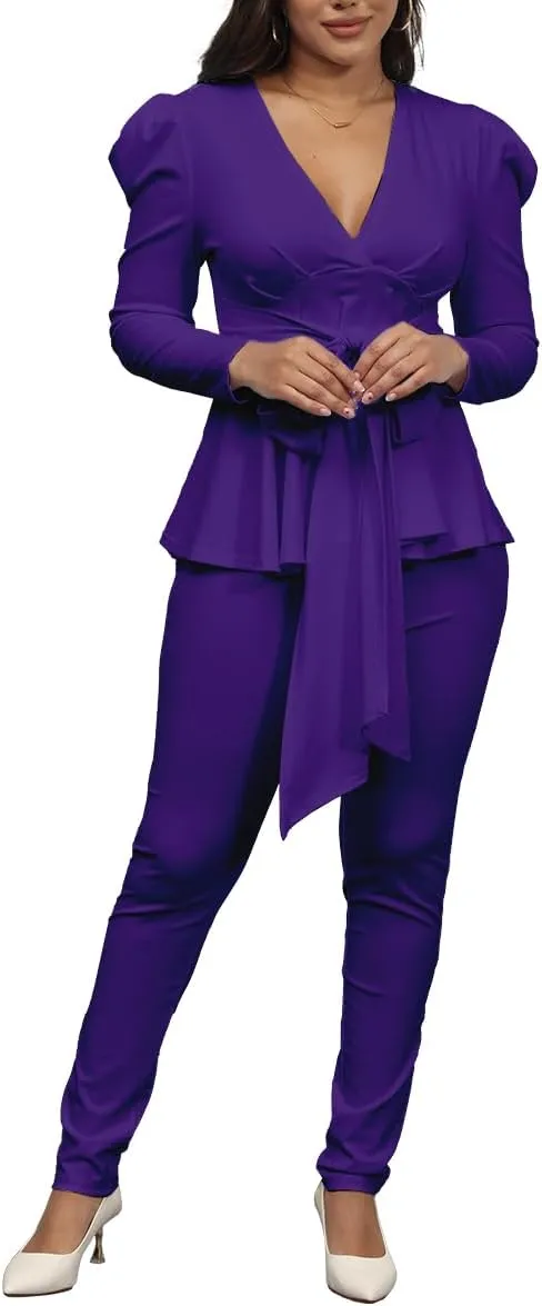 Remelon 2 Piece Outfits for Women Blazer with Pants Deep V Long Sleeve Slim Fit Ruffle Pelplum Business Suit